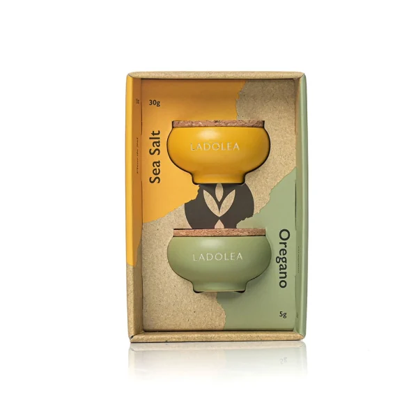 Edție de Lux: Pachet Oliviere din Ceramică Lucrate Manual:  Fleur de Sel - (sare de masă neprocesată 30g) & Oregano (5g)