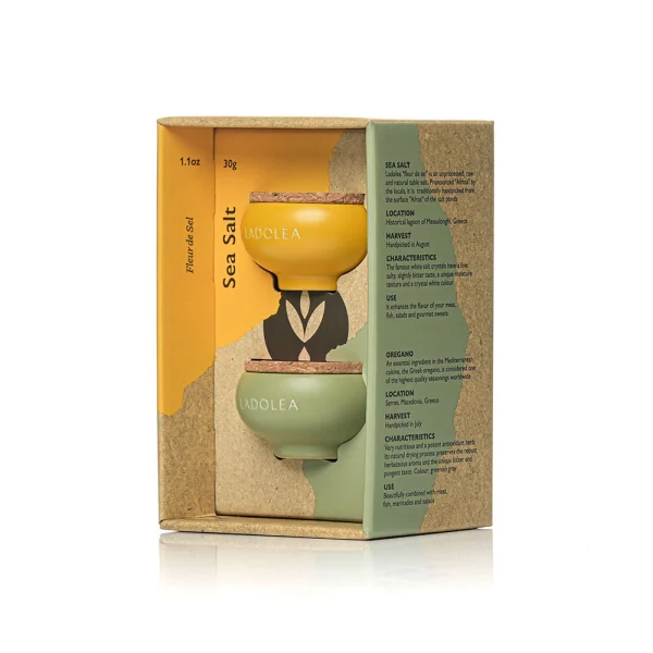 Edție de Lux: Pachet Oliviere din Ceramică Lucrate Manual:  Fleur de Sel - (sare de masă neprocesată 30g) & Oregano (5g)